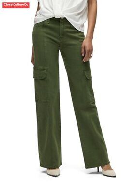 High-Rise Seamed Cargo Wide Leg Jeans with Utility Detail